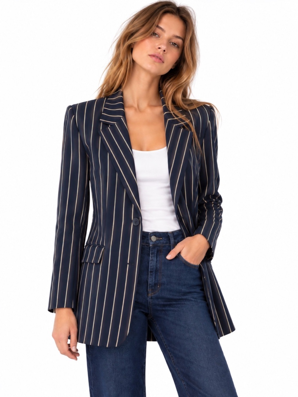 Emporio Armani Navy Blazer with Cream Pinstripes